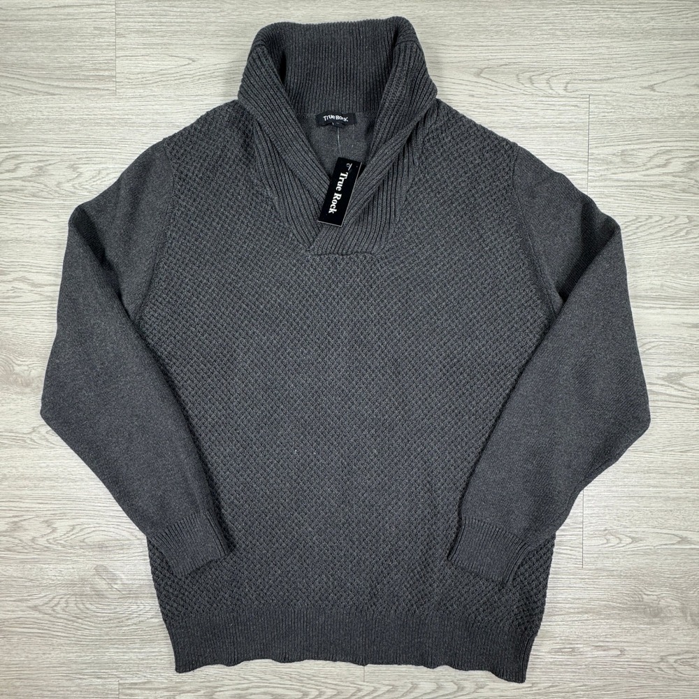 True Rock Mens Sweater Shawl Collar Waffle Knit Charcoal Gray XL NWT Cotton
